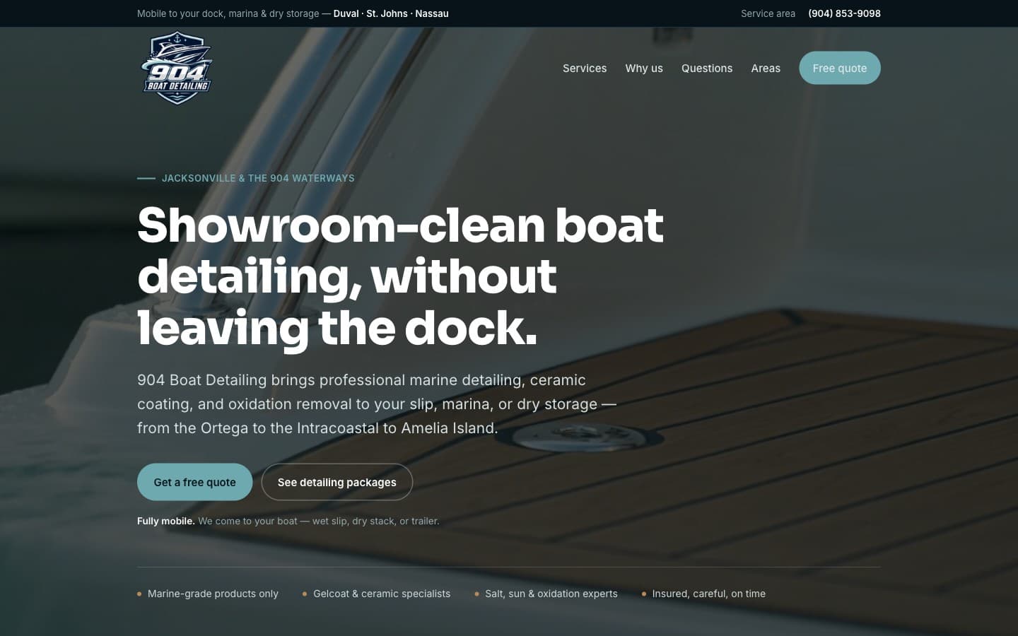 904 Boat Detailing website homepage, designed and built by Ancient City Associates