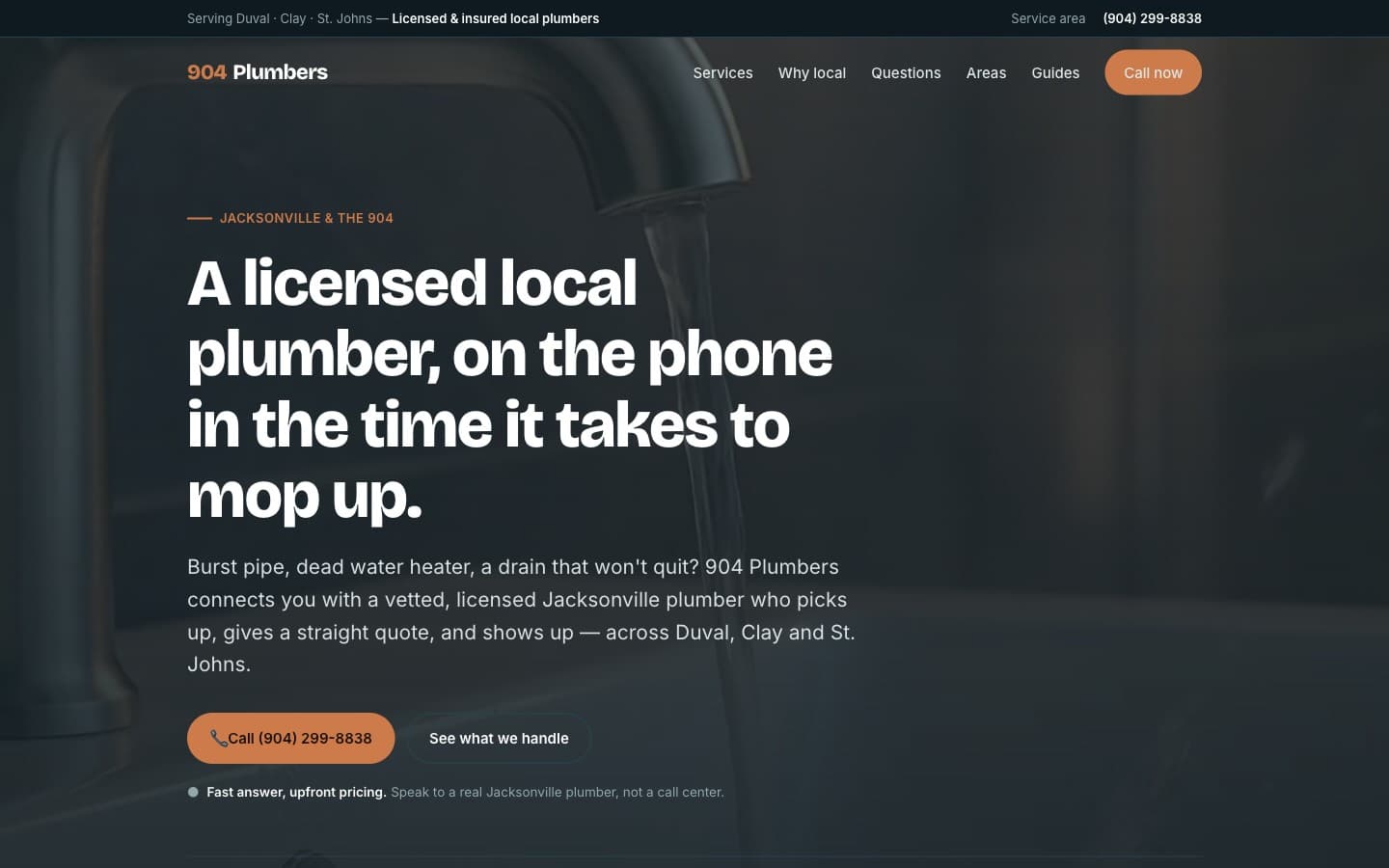 904 Plumbers website homepage, designed and built by Ancient City Associates