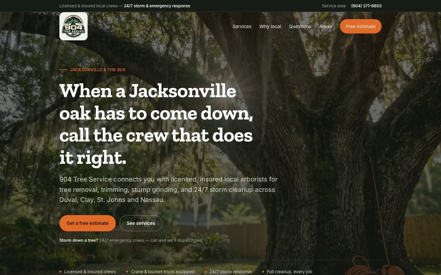 904 Tree Service website homepage, designed and built by Ancient City Associates