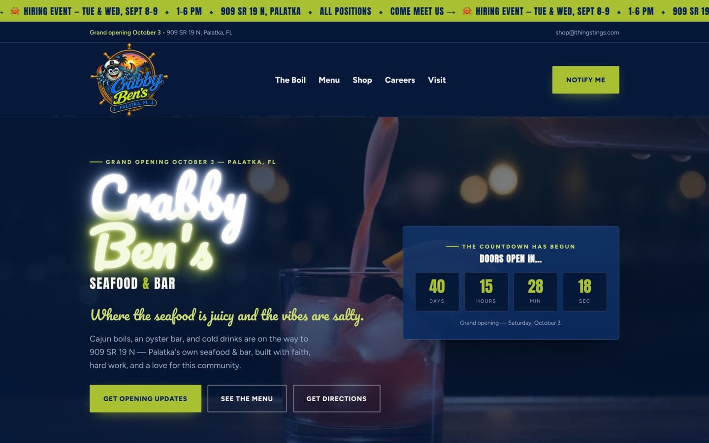 Crabby Ben's Seafood & Bar website homepage, designed and built by Ancient City Associates